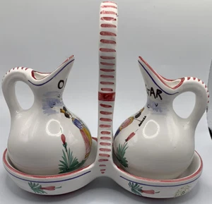 Vintage Handmade Deruta Italy Ceramic Oil & Vinegar Cruet Set Caddy Set Of 3 - Picture 1 of 12