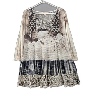 Kamana L Boho Sheer Mesh Tunic Top Lace Pannels Tiered Scoop-Neck Blouse - Picture 1 of 7