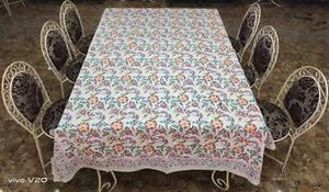 Indian Hand Print Block Printed Table Cloth Natural Color Printed Table Cover - Picture 1 of 5