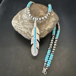 Collana Uomo Piuma Turchese Ciondolo Navajo Argento Sterling Perline 22" 18669 - Foto 1 di 15