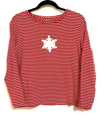 Talbots Sequin Snowflake Top 1X P  Red Stripe Long Sleeve Cotton Tee Pullover - Image 1 of 4