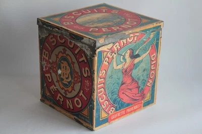 Boîte tôle papier lithographiée Biscuits Pernot gaufrette proverbes (64554) - Photo 1/4