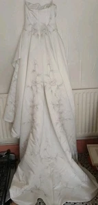 Romantica Ivory Satin Wedding Dress With Pink And Grey Embroidered Flowers UK 12 - Picture 1 of 17