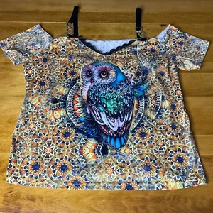Unlabeled Bohemian Owl Mandala Cold Shoulder Cutout TShirt Top Women's SZ M Boho - Picture 1 of 4