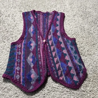 Chaleco vintage con botones de lana multicolor para mujer ajuste medio púrpura años 80 al aire libre Foto 1 de 4