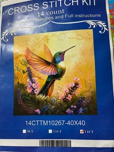 Beautiful Hummingbird Pre-Printed Aida Cross Stitch Kit Flying Bird Flowers - Picture 1 of 3
