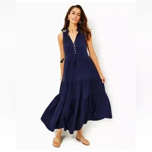 Lilly Pulitzer Malone Maxikleid XXL dunkelblau Stufenrock Quaste Resort Wear - Bild 1 von 7