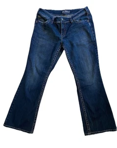 Pantalones de mezclilla PLATEADOS para mujer azul oscuro Suki excedente corte bota elástico solapa bolsillo W33 L30 - Imagen 1 de 10
