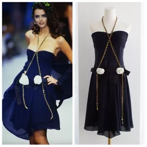 Chanel Vintage Spring/Summer 1992 Navy Blue Silk Sweetheart Draped Mini Dress - Picture 1 of 14