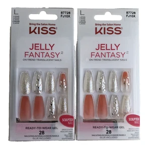 (2) KISS Jelly Fantasy 28 uñas esculpidas translúcidas de largo largo con pegamento incluido - Imagen 1 de 5
