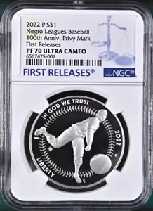 2022 p negro leagues baseball proof silver dollar 100th privy ngc pf70 uc fr - Picture 1 of 5