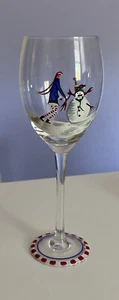 Hand Painted Winter Scene Girl Building Snowman 9" Single Christmas Wine Glass - Picture 1 of 6