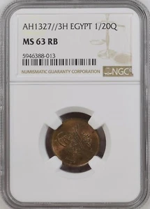 EGYPT - OTTOMAN , 1/20 QIRSH SULTAN  MOHAMED V 1327/3 AH NGC MS 63 RB , RAREF - Picture 1 of 2