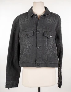 MARCELO BURLON Black Leopard Print Jean Jacket Cotton Full Button Rinse Wash M - Picture 1 of 8