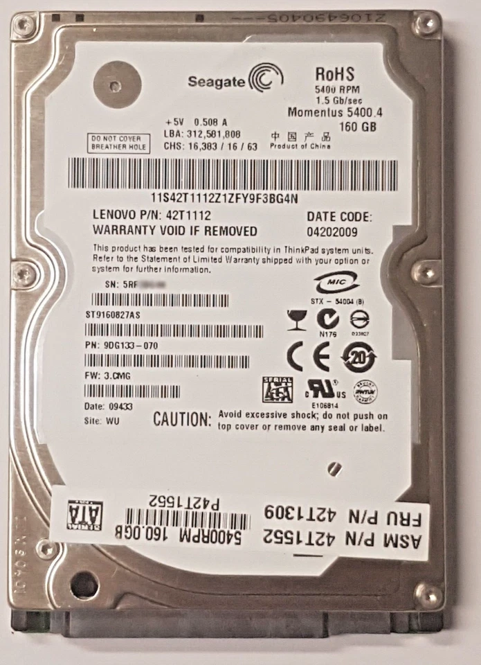 160 GB SATA Seagate Momentus 5400.4 ST9160827AS 8MB HDD 2,5 " Internal Hard - Image 1 of 1