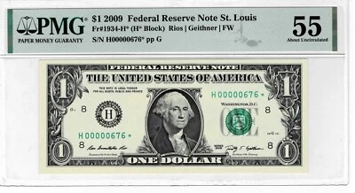 2009 $1 FRN RADAR- St. Louis H* STAR-(KEY NOTE-320K print) PMG AU55--Scarce note - Image 1 of 4