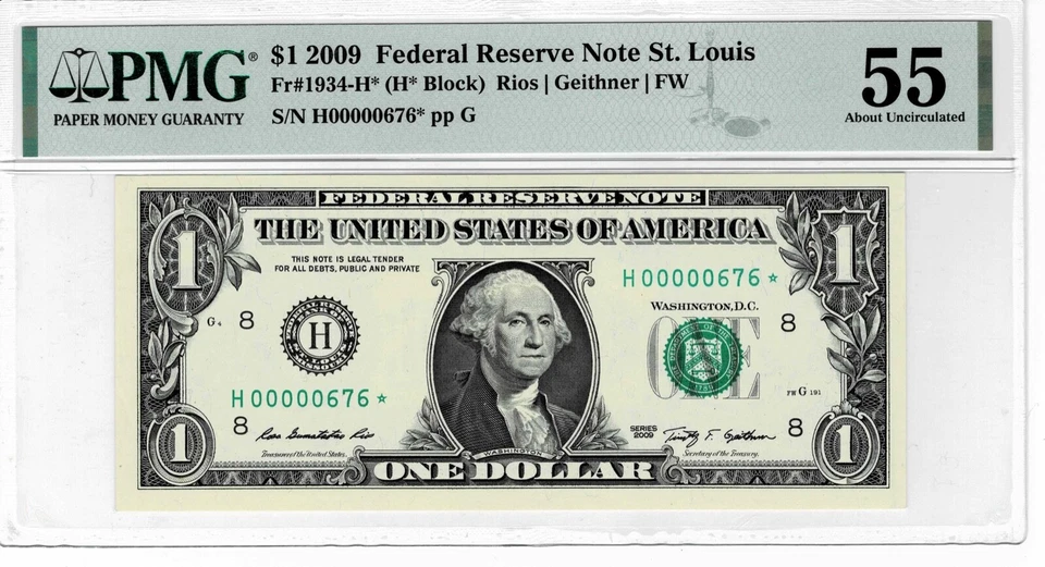 2009 $1 FRN RADAR- St. Louis H* STAR-(KEY NOTE-320K print) PMG AU55--Scarce note - Image 1 of 4
