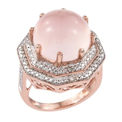 Rose Quartz Halo Ring With Natural Zircons Set In Rose Gold Rhodium - Image 1 of 4