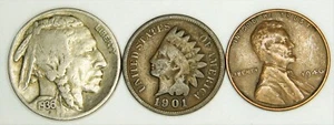 Büffelnickel, Indian Head Penny, Lincoln Weizencent - 3 Münzen Lot - Bild 1 von 2
