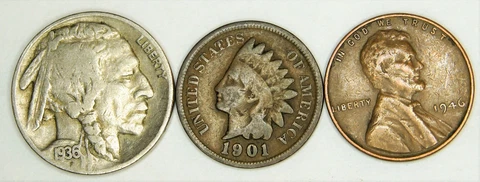 Buffalo Nickel, Indian Head Penny, Lincoln Wheat Cent - 3 coin Lot Cover