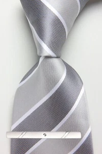 New Classic Striped Gray White JACQUARD WOVEN 100% Silk Men's Necktie Tie - Picture 1 of 6