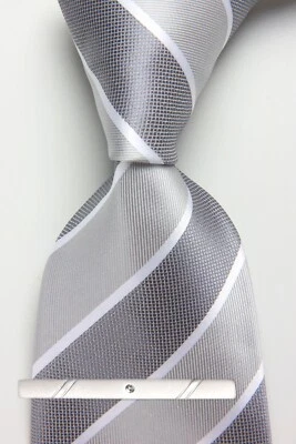 Nueva Corbata Clásica Rayas Gris Blanco JACQUARD TEJIDA 100% Seda Para Hombre Foto 1 de 4