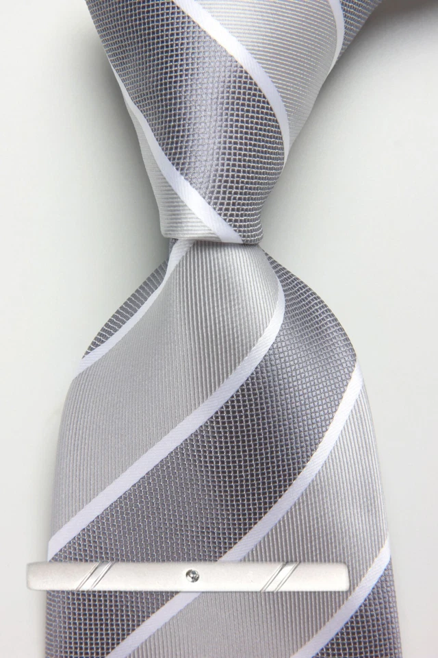 Nueva Corbata Clásica Rayas Gris Blanco JACQUARD TEJIDA 100% Seda Para Hombre Foto 1 de 4