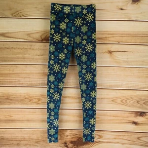 Serra Leggings Womens M Green Yellow Snowflakes Stretch Elastic Waist Super Soft - Picture 1 of 5