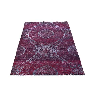 3'2"x5'6" Wine Red Wool & Silk Modern Damask Design Mat Hand Knotted Rug R66123 - Image 1 of 4