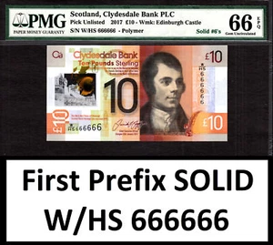 Polímero Escocia 10 libras primer prefijo con serie HS SOLID 666666 GEMA UNC PMG 66 EPQ - Imagen 1 de 2