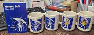 SET 4 VINTAGE MORTON SALT UMBRELLA GIRL COFFEE MUG/CUP, "WHEN IT RAINS IT POURS" - Picture 1 of 12