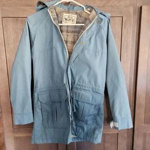 Woolrich Vintage 70s Damen Blau Parka Jacke Kapuze Karofutter Druckknopf Größe S - Bild 1 von 23