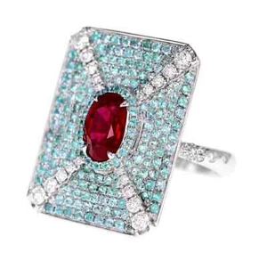 2.04CT Pigeon Blood Red Ruby, Brazilian Paraiba & White CZ Vintage Designer Ring - Picture 1 of 6