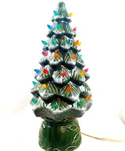 Vintage Ceramic Lighted Christmas Tree With Base Green Snow on Limbs Cottagecore - Picture 1 of 9