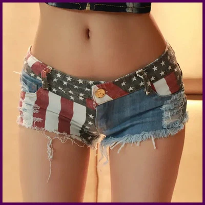 Pantalones Cortos Jeans Cintura Media 2021 Mujeres Nuevos Moda Bandera de EE. UU. Estampado Denim Pole Dance Foto 1 de 4