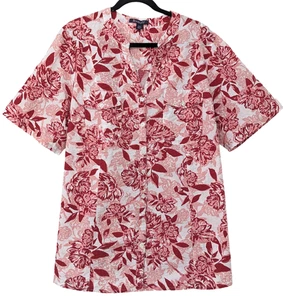 Roaman's Button Up Blouse 22W V Neck Textured Roll Tab Short Sleeves Red Floral - Picture 1 of 10