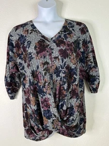 IN Studio Damen Übergröße 1X grau Blumenmuster Strick gedrehter Saum Oberteil 3/4-Arm - Bild 1 von 7