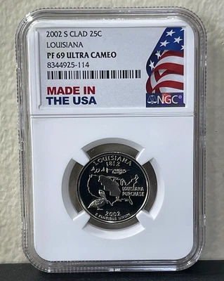 2002-S Clad State Quarter Louisiana NGC PF69 Ultra Cameo-Flag Label-(bin3312F) - Image 1 of 2