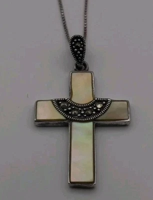 Collar Italia 925 30 pulgadas con madreperla y colgante cruz de marcaita vintage  Foto 1 de 4