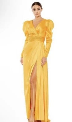 NWT Mac Duggal Satin Mango Yellow Long Sleeve Evening Gown Dress Size 4 12404 - Image 1 of 4