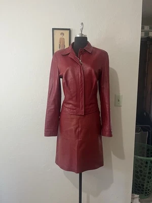 Vintage Cache Red Leather Ladies Skirt Suit - Image 1 of 4