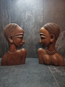 Par de bustos de madera tallada africana vintage de 25 cm arte tribal hombre y mujer - Imagen 1 de 9
