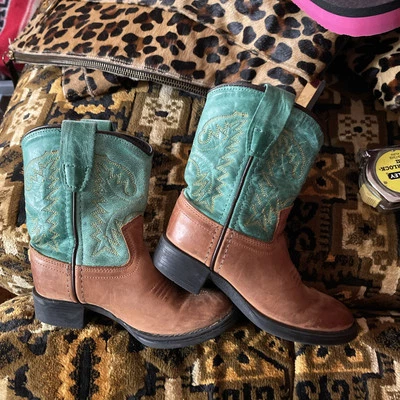 Old West Boots Brown And Turquoise 1905 Youth Size #1e - Image 1 of 4