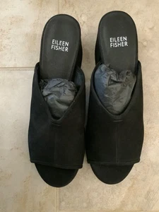 Eileen Fisher Katniss Peep Toe Block Heel Black Nubuck Slides Size 7 NEW - Picture 1 of 7