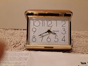 Vintage BULOVA Camel/Brown Wind Up Travel Alarm Clock in Case, tested, works. - Picture 1 of 9