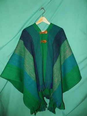 GORGEOUS! VINTAGE 60s 70s ROXA LTD WOOL PONCHO CAPE, TEAL, MAUVE, PURPLE BLUE - Image 1 of 4