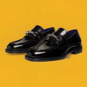 $990 Burberry Leather Barbed Penny Loafers Men's 39/6 Black Moc Toe Slip On - Picture 1 of 18