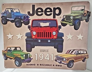 Letrero de pared estilo retro de hojalata en relieve Jeep icónico * confiable * collage de jeeps 4x4 - Imagen 1 de 2