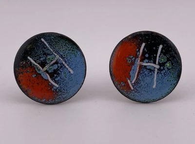 Vintage Copper and Enamel Cufflinks Modern Art H Initial Monogram Blue & Red - Image 1 of 4