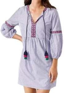 Tommy Bahama Poplin Split Neck Dress Size XS Stripe Blue 100% Cotton NEW $138 - Picture 1 of 2